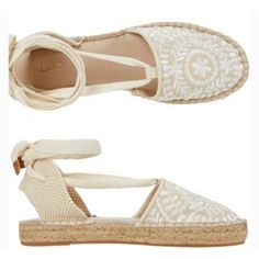 Natural Espadrille Style Sandal With Embroidery And Tie Around Ankle Laces. White Lace-up Summer Sandals, Cream Open Toe Lace-up Sandals For Beach, White Closed Toe Lace-up Beach Sandals, Cream Ankle Strap Lace-up Beach Sandals, White Closed Toe Lace-up Sandals For Beach, Cream Ankle Strap Lace-up Sandals For Beach, Cream Ankle Strap Espadrille Sandals, Open Toe Espadrille Lace-up Sandals For Beach, Beach Open Toe Lace-up Espadrille Sandals