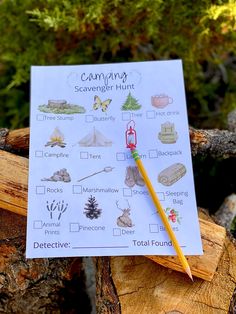 a printable camping scavenger hunt with a pencil