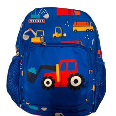 Mini Backpack Construction Blue Small With Compartments On Inside And Out. Fun Blue Backpack For Daily Use, Cute Blue Standard Backpack, Cute Blue Softback Backpack, Cute Blue Backpack For Back To School, Blue Fun Backpack, Cute Blue Backpack For Playtime, Fun Blue School Backpack, Fun Blue School Bag, Fun Blue School Bags