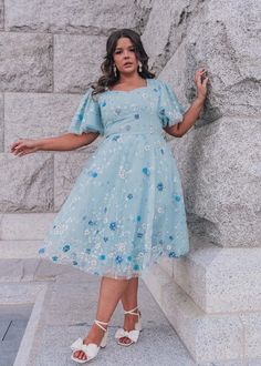 Halle Dress - JessaKae, holiday fashion, winter blue, wedding guest dress, fashion, mid size fashion, plus size dress, size inclusive, inclusive fashion, body positivity, fashion shoot, model, photoshoot, women's fashion, OOTD, bridesmaid dresses, church dress, engagement dress, wedding, date night, cocktail dress, style, lifestyle shoot Fitted A-line Floral Dress For Wedding, Summer A-line Mother Of The Bride Dress, Spring Floral Embroidered Prom Dress, Elegant Spring Floral Dress For Prom, Floral Print Dress With Fitted Bodice For Wedding, Elegant Floral Dress For Spring Prom, Floral Applique Fitted Bodice Dress For Spring, Floral Print Wedding Dress With Fitted Bodice, Spring Dress With Floral Applique And Fitted Bodice