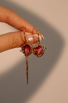 18K Real Gold Plated Red Rose Earrings Red Aesthetic Jewelry, Red Gold Jewelry, Gold Accent Jewelry, Red Rose Earrings, Vampire Castle, Pink Gold Jewelry, Ber Months, Fantasy Clothes, Divine Comedy