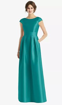 Cap Sleeve Pleated Skirt Bridesmaid Dress With Pockets In Jade | The Dessy Group Dresses With Pockets Formal, Satin A-line Dress With Box Pleat, Fitted Satin Dress With Box Pleat Details, Fitted Satin Dress With Box Pleat, Formal A-line Satin Finish Dress, Formal Cap Sleeve Dresses With Pleated Back, Elegant Dresses With Pleated Waist And Cap Sleeves, Short Sleeve Wedding Dress With Pleated Back, Fitted Silk Dresses With Box Pleat