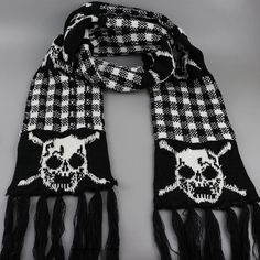 Material: Polyester knit Color: Black Pattern: Skull and plaids, Skulls Only Length: 160cm Harajuku Fashion Kawaii, Goth Skirts, Dark Skull, Gothic Skirts, Gothic Tops, Skull Scarf, Skull Pattern, Crop Top Sweatshirt, Uniform Fashion