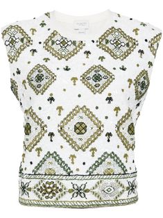 white/green cotton sequin embellishment embroidered design round neck sleeveless straight hem Green Sleeveless Sequin Top, White Sequined Tank Top For Spring, Spring White Sequined Tank Top, Green Sleeveless Embroidered Top, Green Embroidered Sleeveless Top, Fitted White Sequined Tank Top, Embellished Sleeveless White Top, White Embellished Tank Top, White Embellished Sleeveless Tank Top