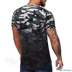 OrcaJump - Round Neck Short-Sleeve T-Shirt with Blue Camouflage Print Casual Camouflage Short Sleeve T-shirt, Military Crew Neck T-shirt For Streetwear, Green Military Style T-shirt With Crew Neck, Green Military Crew Neck T-shirt, Military Crew Neck T-shirt, Camouflage Cotton Crew Neck Shirt, Green Military Style Crew Neck T-shirt, Green Military Crew Neck Top, Casual Camouflage Shirt With Graphic Print