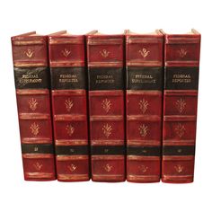 Sets of 5 leather bound federal supplement law books of assorted volumes and publication dates. These beautiful books bound in deep red and black leather with gilt detailing create a visual impact for any study or office. Larger sets available upon request. Fulford & Co, Wilson NC. Wilson Nc, Bookbinding Ideas, Leather Book Covers, Journal Books, Law Books, Decorative Ideas, Beautiful Books, Leather Books, Entertainment Room