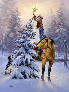 a painting of a person on a horse in the snow with a dog and tree