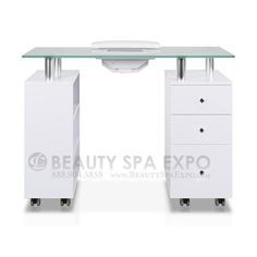 CALL FOR AVAILABILITY & SHIPPING QUOTE Simple, clean and contemporary design glass top manicure tables/nail stations perfect for any day spa decor. The glass top accentuates the rich wood finish offering best value in its class. Matching glass top accessory pedi cart and reception table also available. Features • Comes with glass top and (3) section open shelf cabinet and (3) drawers.• Luxurious frosted or black glass top w/ rounded edges on aluminum pedestals.• Furnished with locking wheels Manicure Table Nail Station, Open Shelf Cabinet, Day Spa Decor, Manicure Tables, Fan Nails, Nail Table, Nail Station, Shelf Cabinet, Manicure Table