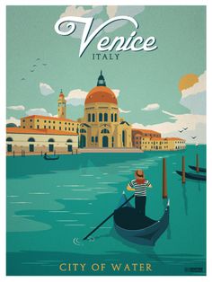 a man in a boat on the water with buildings and clouds behind him that reads venice italy city of water