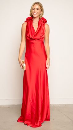 Product Details : Red Satin Fabric Cowl Neckline Flower details on shoulders Maxi Dress 83308 B2-3 Black Satin Maxi Dress, Red Satin Fabric, White Dress Top, Usa Outfit, Blue Maxi, Satin Maxi, Cowl Neckline, Satin Maxi Dress, Red Satin