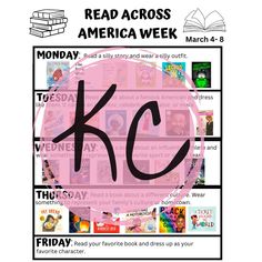 the poster for read across america week is shown in black and pink with an image of books