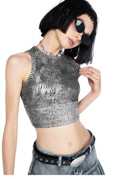 This Metallic Silver Cropped Top is sure to turn heads with its edgy style. Made from a cotton spandex blend, it features a ribbed finish for a unique look. Model is 5'6 108lbs wearing M Silver Crop Top Outfit, Matrix Fashion, Silver Crop Top, Metal Outfit, Trend Ideas, Crop Top Summer, Test Shoot, Slim Fit Crop Top, Silver Top