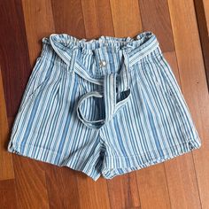 Women’s American Eagle Nwot High Waisted Jean Striped Shorts. Side Pockets With Belt. Size 2 Blue Shorts With Tie Waist For Spring, Blue Shorts With Belt Loops For Summer, Blue High-waist Cotton Shorts, Casual Blue Paperbag Waist Shorts, High Waist Cotton Shorts With Tie Waist, Blue Summer Shorts With Belt Loops, Blue Cotton Shorts With Paperbag Waist, Casual Blue Bottoms With Tie Waist, Blue Tie Waist Shorts For Spring