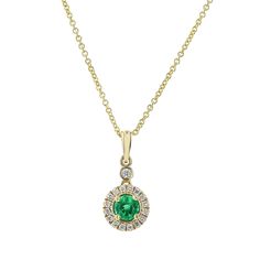 This pendant features 14K yellow gold and showcases a Zambian emerald and diamond, with the primary color being green and the secondary color being G-H. Part of the Schiffman's Exclusive Ben collection, the total carat weight of this piece is 0.17. Green Pendant Diamond Necklace For Formal Occasions, Green Round Gemstone Diamond Necklace, Green Gemstone Diamond Necklace In Fine Jewelry Style, Fine Jewelry Green Diamond Gemstone Necklace, Yellow Gold Tsavorite Gemstone Necklace, Classic Green Diamond Pendant Necklace, Emerald Pendant Necklace With Diamond Accents For May Birthstone, Green Emerald Diamond Necklace For May Birthstone, Fine Jewelry Green Diamond Necklace With Brilliant Cut