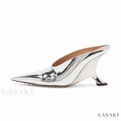 Lasaky - Stylish Silver High Heel Slide Sandals with Pointed Toe and Shiny Leather Finish Silver Mules With Sculpted Heel For Spring, Silver Pointed Toe Mules For Summer, Spring Silver Mules With Sculpted Heel, Summer Pointed Toe Mules With Metal Feet, Summer Silver Pointed Toe Mules, Silver Closed Toe Mules For Summer, Silver Leather Mules For Spring, Silver Mules With Wrapped Heel For Spring, Silver Wrapped Heel Mules For Spring