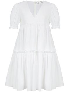 white cotton poplin texture tiered skirt ruffled detailing pleat detailing V-neck concealed rear fastening short puff sleeves knee-length Summer V-neck Tiered Dress For Daywear, White V-neck Tiered Dress For Summer, White V-neck Puff Sleeve Dress For Summer, Summer Tiered Dress For Daywear, Spring Voluminous Short Sleeve Puff Dress, Tiered Skirt Dress With Ruffle Hem For Daywear, Voluminous Puff Sleeve Midi Dress For Summer, White Cotton Dress With Voluminous Skirt, Summer Midi Dress With Pleated Hem For Daywear