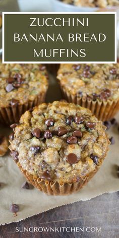 zucchini banana bread muffins with chocolate chips on top and text overlay