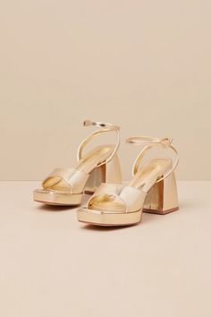 Gold Metallic Heels - Gold Platform Heels - Ankle Strap Heels - Lulus Chunky Gold Heels, Gold High Heels Prom, Gold Closed Toe Heels, Gatsby Shoes, Platform Ankle Strap Heels, Gold Chunky Heels, Gold Platform Heels, Gold Wedding Shoes, Strap High Heels