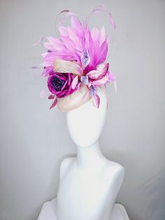 From the 2024 Featured Milliner of the Kentucky Derby Museum  Gorgeous Kentucky Derby hat fascinator  kentucky derby hat fascinator light pink blush beige sinamay with purple rose and pink purple feathers and  purple violet velvet leaves headband attachment each hat is totally one of a kind! no two are alike! I can probably add feathers, flowers etc to existing hats for a small fee. I cannot remove anything from existing hats. Just message me and see if we can make it work! :) I cannot make cust Purple Mini Hats With Feathers For Kentucky Derby, Purple Feathered Mini Hats For Kentucky Derby, Purple Feathered Headpieces For Kentucky Derby, Purple Feathered Hat For Kentucky Derby, Purple Headpiece With Handmade Flowers For Kentucky Derby, Purple Handmade Flowers Headpiece For Kentucky Derby, Purple Feathers, Velvet Leaves, Light Pink Blush