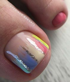 Modern Pedicure Design, Easy Pedicure Designs At Home, Summer Pedicure Designs Bright Colors, Gel Toe Nails Summer, Summer Pedicure Designs Toenails, Foot Nails Ideas, Foot Nails Color, Pedicure Gel