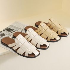 These Retro Roman Style Flat Slipper Woven Strap Sandals offer a unique and fashionable take on a classic silhouette. These sandals feature a trendy 2023 new retro Roman style and woven strap for a fashionable look, as well as a comfortable soft bottom for ultimate comfort. pattern: plain Inner material: leather Color: apricot, milk tea Whether in stock: yes Upper height: low top Processing method: trimmed skin Size: 34,35,36,37,38,39,40,41,42,43 Sole process: viscose shoes Sole Material: Rubber Retro Summer Sandals With Flat Heel, Retro Open Toe Sandals For Vacation, Retro Sandals For Spring Vacation, Retro Flat Sandals For Spring, Retro Flat Beach Sandals, Spring Retro Flat Sandals, Roman Style, Slippers Pattern, Roman Fashion