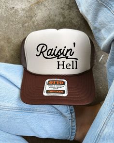 Raisin Hell trucker hat! - Our hats are lightweight and breathable to ensures a comfortable fit! - We do offer customs! If there is a different color you are looking for please reach out to us. * Made to Order Policy * Each and every one of our hats are made to order. Due to this we regret that refunds cannot be accepted  If you decide to cancel your order it needs to be before the item is shipped. Once the label is created we can not cancel the order. Summer Hip Hop Hat With Curved Brim, Letter Print Bucket Hat For Outdoor, Hip Hop Trucker Hat For Outdoor, Outdoor Hip Hop Trucker Hat, Hip Hop Style Trucker Hat For Outdoor, Retro Outdoor Hat With Letter Print, Hip Hop Snapback Hat, One Size Fits Most, Fun Streetwear Hats With Short Brim, Adjustable Hip Hop Trucker Hat For Outdoor