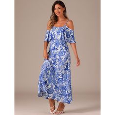 This off-shoulder tropical dress with a ruffle sleeve and midi-length details adds to your femininity. Suits for daily wear, casual, dating, weekend, shopping, beach, outdoors, vacation, etc. Pair with sandals and pretty bags for a casual and fashionable look. Fashioned in a lively flower pattern with a flare sleeve, this off-shoulder dress features midi length for a crisp finish to any look. Summer Off-shoulder Tropical Print Dress, Summer Tropical Print Off-shoulder Dress, Off-shoulder Tropical Print Summer Dress, Off-shoulder Summer Dress With Tropical Print, Summer Blue Off Shoulder Dress For Brunch, Off-shoulder Floral Print Midi Dress For Beach, Off-shoulder Sundress Midi Dress For Vacation, Casual Off-shoulder Maxi Dress For Beach Season, Beach Season Off-shoulder Floral Print Dresses