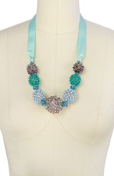 Hand-assembled beads are meticulously placed to imitate the raspberries on this silk ribbon necklace. Ribbon/glass Imported Silk Ribbon Jewelry, Silk Ribbon Necklace, Donut Necklace, Ribbon Jewelry, Ribbon Necklace, Silk Ribbon, Collar Necklace, Aqua Blue, Nordstrom Rack