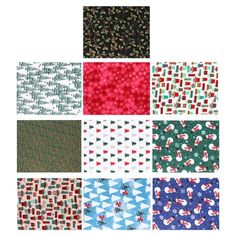 six different patterns in various colors and sizes, including red, green, blue, white