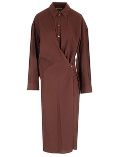 Cocoa-colored lightweight cotton wrap midi dress by Lemaire with shirt collar, asymmetric buttoning and long sleeves. Fitted Asymmetrical Shirt Dress For Work, Elegant Asymmetrical Shirt Dress For Daywear, Spring Office Shirt Dress With Asymmetrical Hem, Elegant Asymmetrical Wrap Dress For Work, Fall Midi Wrap Dress For Work, Fall Workwear Shirt Dress With Asymmetrical Hem, Asymmetrical Hem Wrap Dress For Spring Workwear, Elegant Asymmetrical Shirt Dress For Spring, Asymmetrical Hem Shirt Dress For Spring Formal