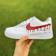 * Hand painted custom Air Force 1 07 Low * Not vinyl, stickers or patches * No returns, refunds or exchanges * Processing time is 2-3 weeks * I cannot expedite orders or make for a specific date * Delivery time depends on country * Cancellations up to 24 hours after purchase * Please try on shoes in a store to make sure you order the correct size * Please order correct size - if you order incorrect size this is your own responsibility * If you order a women's size it is possible you receive the Naruto Shoes, Custom Sneakers Diy, Blood Drip, Man Sneakers, Nike Air Force 1 Custom, Custom Painted Shoes, Custom Air Force 1, Red Blood, Hand Painted Shoes