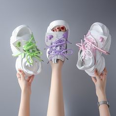 Product information:
 
 Lining material: PU
 
 Toe holder shape: round head
 
 Color: light pink, white green, white & Purple
 
 Shoe Upper material: PU
 
 Size: 34, 35, 36, 37, 38, 39
 
 Wearing method: unlimited
 
 Sole material: PU
 
 Style: Korean style

Size:



Packing list: 

Dad's shoes * 1 pair

Product Image: Green Flat Sneakers For Summer, Green Summer Sneakers, White Open Toe Eva Sandals, White Flat Sandals With Eva Material, White Flat Eva Sandals, Casual White High Heel Sandals, White Eva Sandals With Round Toe, Green Platform Sneakers For Summer, Trendy Open Toe Sneakers For Spring