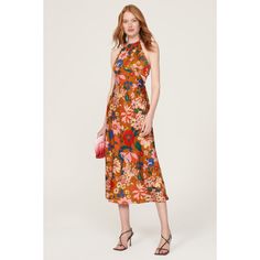 Multicolored floral satin (100% Polyester). Lining (100% Polyester). Slip. Sleeveless. Halter neck. Back zipper closure. 54" from shoulder to hemline. Imported. Halter Neck Floral Print Dress For Party, Sleeveless Silk Midi Dress For Garden Party, Floral Print Halter Neck Midi Dress For Date Night, Sleeveless Silk Printed Dress, Sleeveless Printed Floral Party Dress, Chic Sleeveless Silk Floral Dress, Sleeveless Printed Midi Dress For Date Night, Spring Silk Halter Neck Midi Dress, Fitted Silk Sleeveless Floral Dress