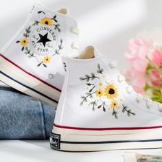 Welcome to LunnNest, a hand embroidered items shop. These are the most meticulously embroidered shoes that I give to you. I embroider them carefully and thoroughly with skillful hands. Converse type: Converse High Tops Chuck Taylor Converse color:  13. 1970s  White Price includes: Shoes + Embroidery as Pictured I can buy it for you at a store near your home or you can send me the canvas shoes you have available. Your embroidered Converse, Vans shoes are ready to ship in 8-16 days. I need this ki Sunflower Converse Embroidery, Embroidered Sneakers For Spring, Embroidered Closed Toe Sneakers For Spring, White Sneakers With Appliques For Summer, Spring Embroidered Sneakers, Floral Embroidered Sneakers With Round Toe For Summer, Floral Embroidered Summer Sneakers With Round Toe, Floral Embroidery Summer Sneakers, Floral Embroidered Summer Sneakers