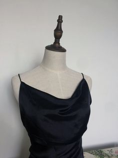 "This luxury exclusive cowl neck dress design is perfect as a prom dress or simple wedding event outfit. 100 % designed and handmade by Emsilk. I am pleased to offer your garments made to measure at no extra cost. All of my designs can be made in any colors that you see in my shop. * Details: - Cowl neckline - Sleeveless - Invisible zipper - Length: Knee / below knee / floor / as you require - 100 % silk which is hand made and hand dyesd. - The model is 5'6\" tall and wearing size S. * Care: - D Black Silk Slip Dress, Simple Party Dress, Women Silk Dress, Party Dress Summer, Summer Dress Women, Midnight Blue Color, Black Silk Dress, Cowl Neck Dress, Dress Simple