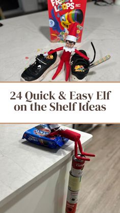 24 Quick & Easy Elf on the Shelf Ideas Elf On The Shelf Stacked Cans, Bendable Elf On Shelf, 1st Day Elf On Shelf Idea, Elf On Shelf Train Ideas, Wire Elf On The Shelf, Eld In The Shelf Ideas Easy, Eld On The Shelf Easy, Elf On Shelf Toast Idea, Elf On The Shelf Ob Ideas