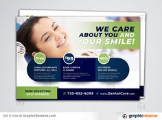 a dental flyer is shown with an image of a woman smiling and holding a toothbrush