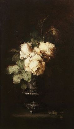 a painting of white flowers in a vase on a brown tablecloth with a black background