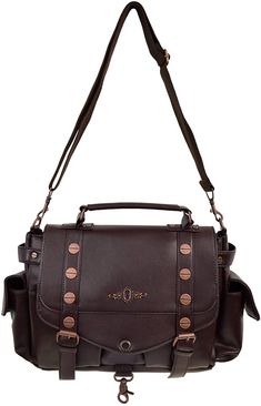 This Brown Steampunk Handbag with Copper Details from Lost Queen is extremely eye-catching & will make a great finishing touch to any outfit. The reinforced, adjustable shoulder strap, inner pockets (including pen holders), buckle closure and side pockets make this handbag practical for everyday use, as well as nights out. The fabulous steampunk design includes screw and key-hole detailing. Lost Queen Brown Steampunk Handbag With Copper Details This shoulder bag has a reinforced, adjustable shou Faux Leather Bag, Steampunk Design, Classic Horror, Key Hole, Pen Holders, Camera Bag, Top Handle, Leather Bag, Screw