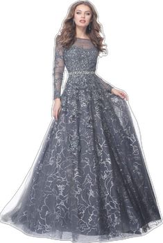 Silver Anarkali Floor-length Gown, Long Sleeve Purple Ballgown, Silver Embellished Long Sleeve Gown, Silver Gown With Intricate Embroidery, Jovani Dresses Evening Long Sleeve, Jovani Gown, Plastic Dress, Beaded Belt, Illusion Neckline