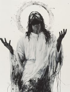 a black and white photo of jesus with his hands in the air, surrounded by paint splatters