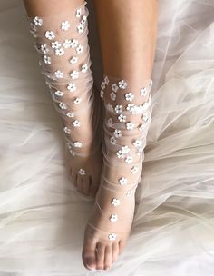 Vision In White Tulle Socks Floral Embellished Tulle Socks | Etsy Socks With Heels Outfit, Hosiery Dress, Sheer Gloves, Tulle Socks, Fancy Socks, Tulle Gloves, Glitter Socks, Trending Heels, Ren Fest