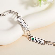 Personalized Multiple Names - You can customize the bracelet with the names of family members, such as children, grandchildren, or loved ones. This feature creates a meaningful and sentimental accessory that celebrates the bond and love within the family.
Custom 1-4 Birthstones - Each birthstone adds a colorful and symbolic touch, representing the individuality and connection of each family member. The birthstones enhance the bracelet's beauty and make it a unique and cherished family jewelry piece.
Perfect Gift - This personalized family bracelet is ideal for Mother's Day, birthdays, or any occasion to celebrate moms, grandmoms, or her. It showcases the thoughtfulness and love behind selecting a gift that honors family connections. The personalized names and birthstones add a touch of p Modern Personalized Metal Jewelry, Silver Personalized Name Earrings For Gifts, Personalized Silver Earrings With Custom Name, Modern Personalized Stainless Steel Jewelry, Trendy Engraved Silver Jewelry, Tarnish Resistant Silver Nameplate Jewelry, Silver Tarnish-resistant Jewelry For May Birthstone, Silver Tarnish-resistant May Birthstone Jewelry, Modern Silver Jewelry For May Birthstone