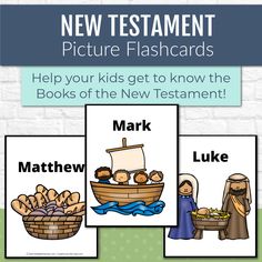 three pictures with the words mark and luke on them, including an image of a manger