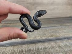 a hand holding a black snake on top of a wooden floor