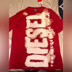 Diesel T Shirt Brand New With Tags Authentic Large Fits Like A Medium Red Long Sleeve T-shirt With Logo Print, Red Crew Neck Tops With Logo Print, Red Cotton Tops With Logo Print, Diesel Shirt, Bape Shirt, Diesel Shirts, Birthday Fit, Diesel Clothing, Diesel T Shirts