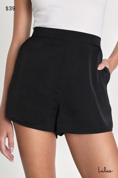 You'll be feeling sweet in the Lulus Extra Love Black Satin High-Waisted Shorts! These comfortable satin shorts begin at a high waist (with a bit of elastic at back for fit) before continuing into a relaxed silhouette. Side seam pockets complete the look! Fit: This garment fits true to size. Length: Above mid-thigh. Size medium Inseam: 2.00 Front Rise: 12.00 Waist: Fitted - elastic waist allows stretch. Hip: Not Fitted - room for hips. Fabric: Fabric has no stretch. Unlined. 100% Polyester. Hand Short Skort With Built-in Shorts For Night Out, Solid Color Shorts With Built-in Shorts, Summer High-waisted Solid Pajama Shorts, Elastic Waistband Shorts With Short Inseam, Shorts With Elastic Waistband And Short Inseam, Short Inseam Elastic Waistband Shorts, Solid Color Shorts With Elastic Waistband, Trendy Short Pajama Shorts, Trendy Pajama Shorts