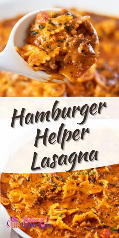 hamburger helper lasagna in a white bowl with a spoon