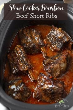 slow cooker bourbon beef short ribs recipe in a crock pot with text overlay