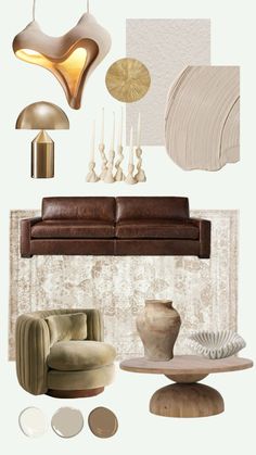 a living room filled with furniture and decor items in shades of brown, beige and white